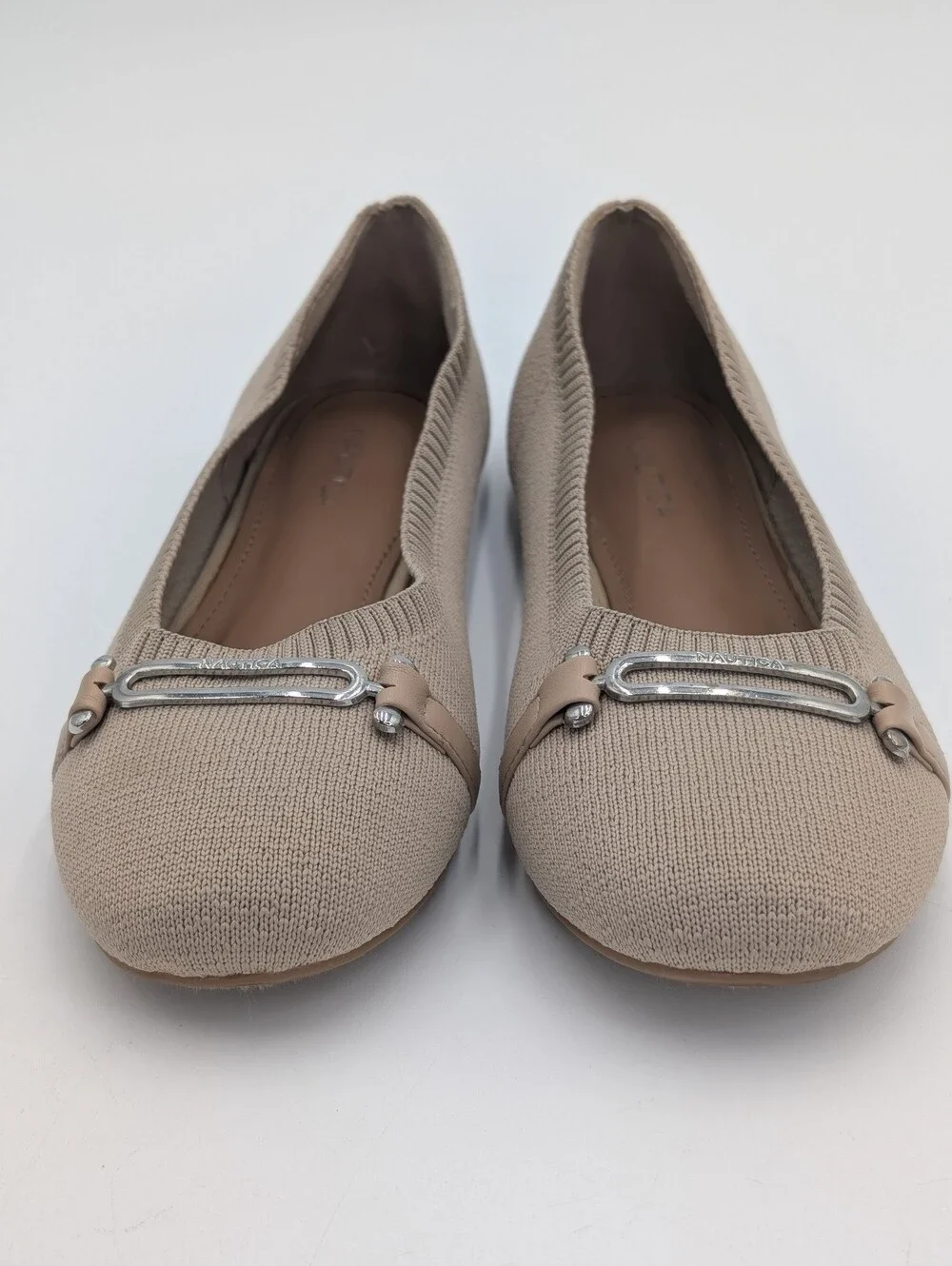 Nautica Halidon Sz 8 Taupe Knit Upper Silver Equestrian Style Buckle Ballet Flat